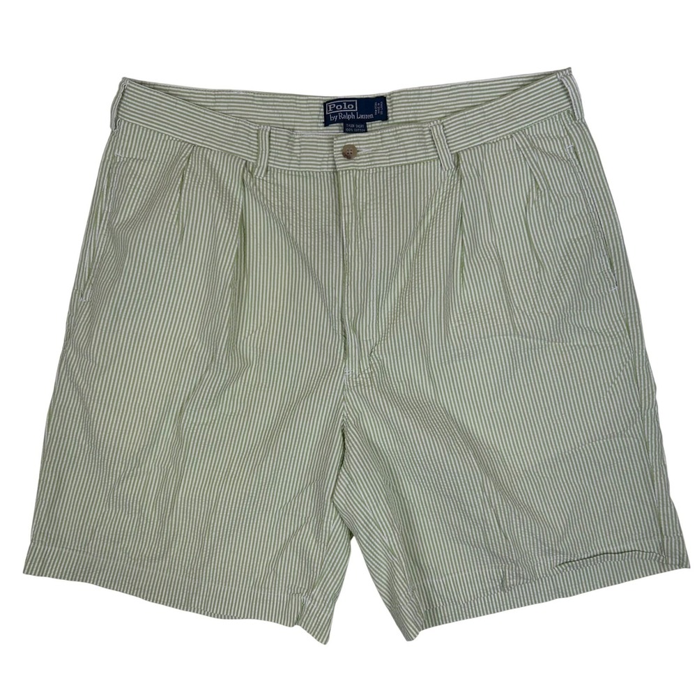 Polo Ralph Lauren Mens Green White Seersucker Tyler Shorts Pleated Cotton 37